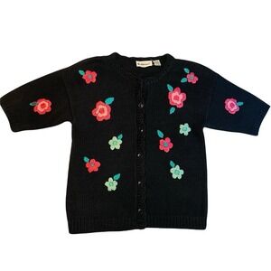 Vintage Weathervane Black Floral Embroidered Short Sleeve Cardigan Sweater M